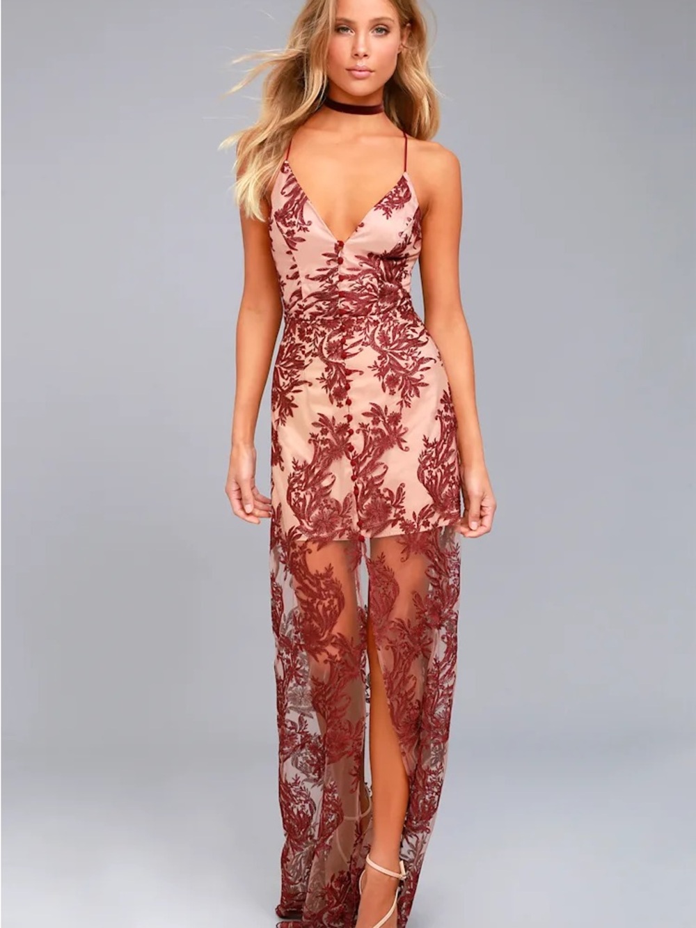 Anthropologie Finder’s Keeper Spectral Burgundy Lace Maxi Dress size S